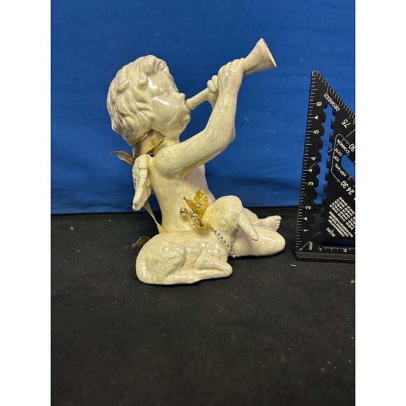 Ceramic Angel Figurine Playing Horn With Lamb & Gold Ribbon Wings - Picture 2 of 5